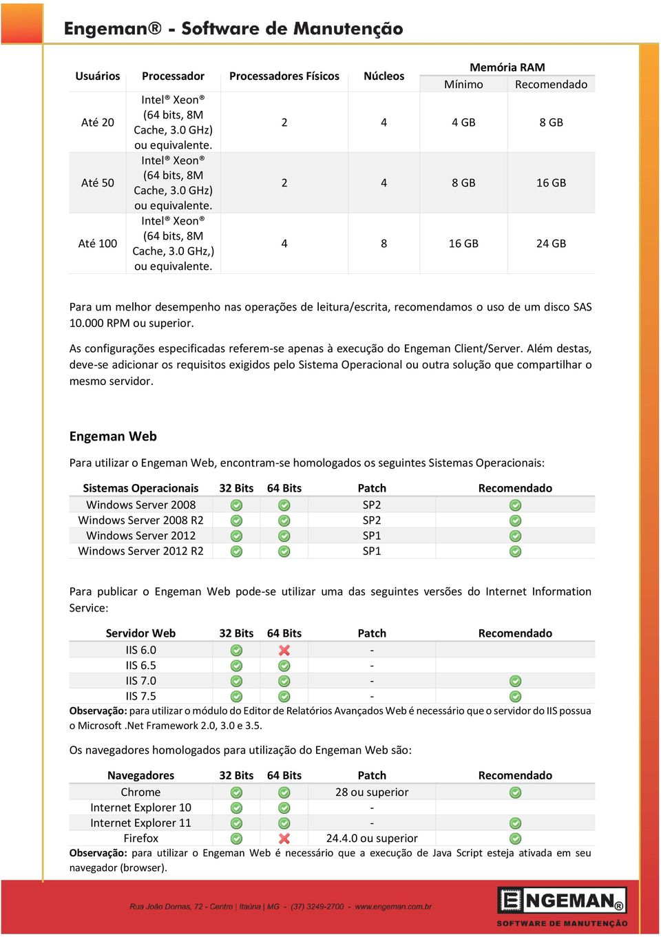 Além destas, deve-se adicionar os requisitos exigidos pelo Sistema Operacional ou outra solução que compartilhar o mesmo servidor.