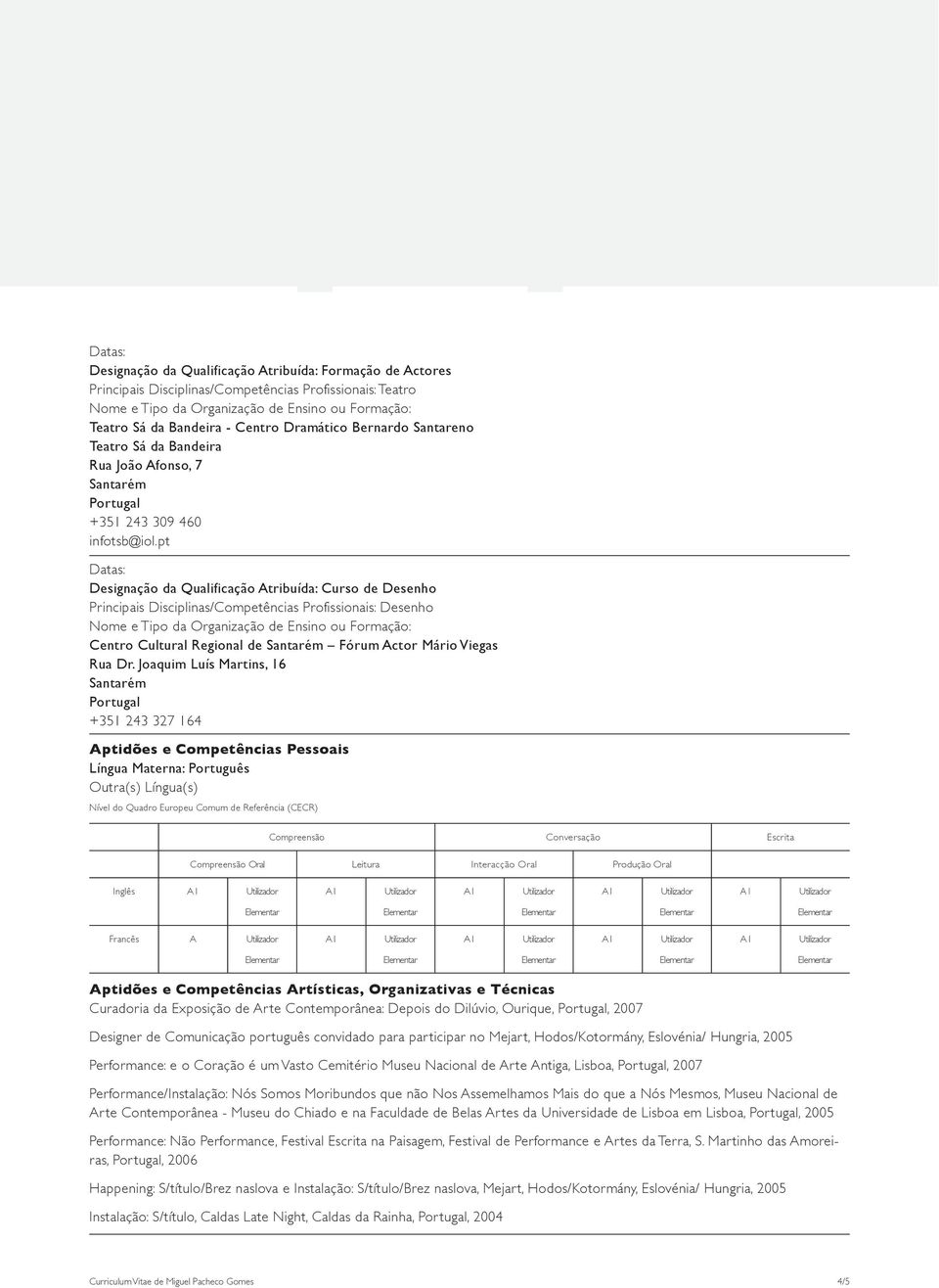 pt Datas: Designação da Qualificação Atribuída: Curso de Desenho Principais Disciplinas/Competências Profissionais: Desenho Centro Cultural Regional de Santarém Fórum Actor Mário Viegas Rua Dr.