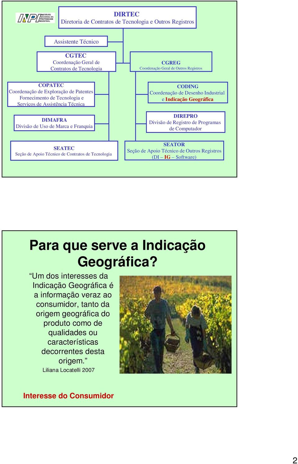 Divisão de Registro de Programas de Computador SEATEC Seção de Apoio Técnico de Contratos de Tecnologia SEATOR Seção de Apoio Técnico de Outros Registros (DI IG Software) Para que serve a Indicação