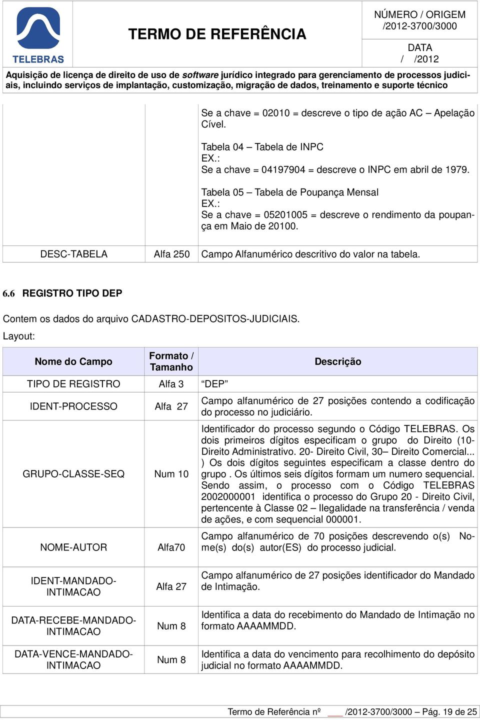 6 REGISTRO TIPO DEP Contem os dados do arquivo CADASTRO-DEPOSITOS-JUDICIAIS.