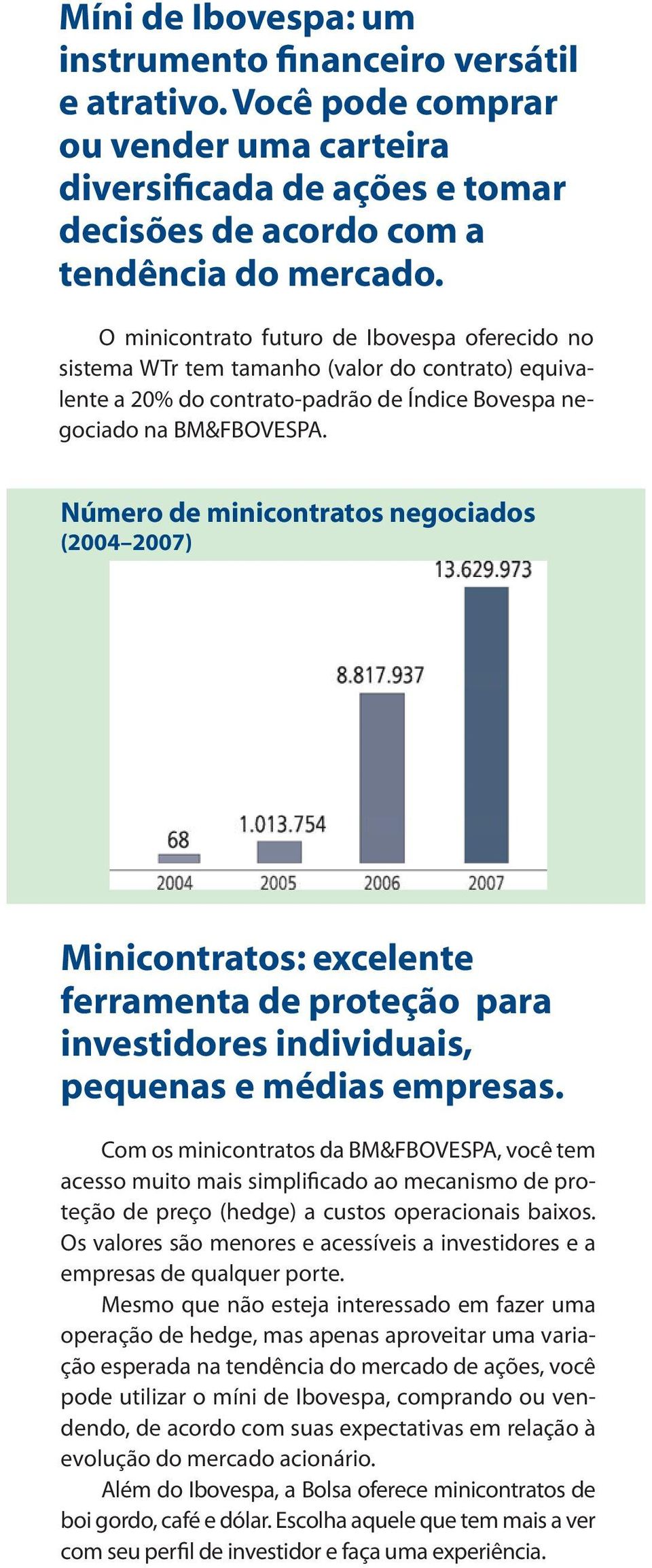 Número de minicontratos negociados (2004 2007) Minicontratos: excelente ferramenta de proteção para investidores individuais, pequenas e médias empresas.