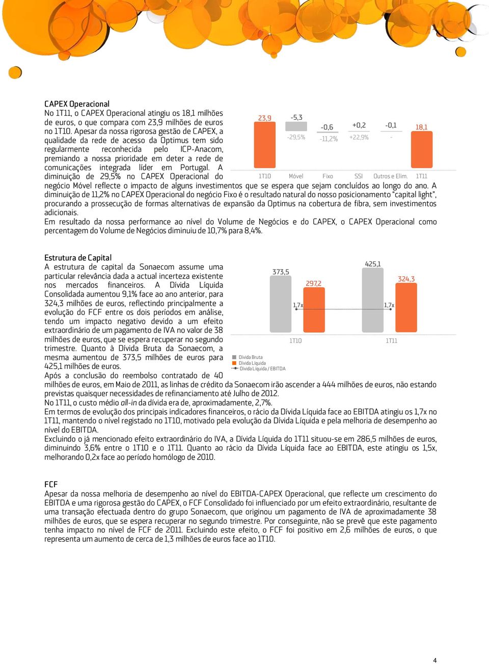 integrada líder em Portugal. A diminuição de 29,5% no CAPEX Operacional do negócio Móvel reflecte o impacto de alguns investimentos que se espera que sejam concluídos ao longo do ano.