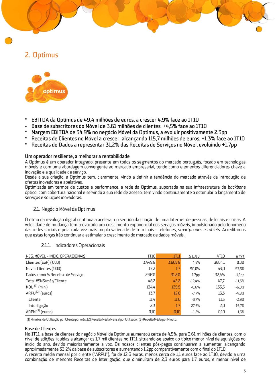 3pp Receitas de Clientes no Móvel a crescer, alcançando 115,7 milhões de euros, +1.3% face ao 1T10 Receitas de Dados a representar 31,2% das Receitas de Serviços no Móvel, evoluindo +1.