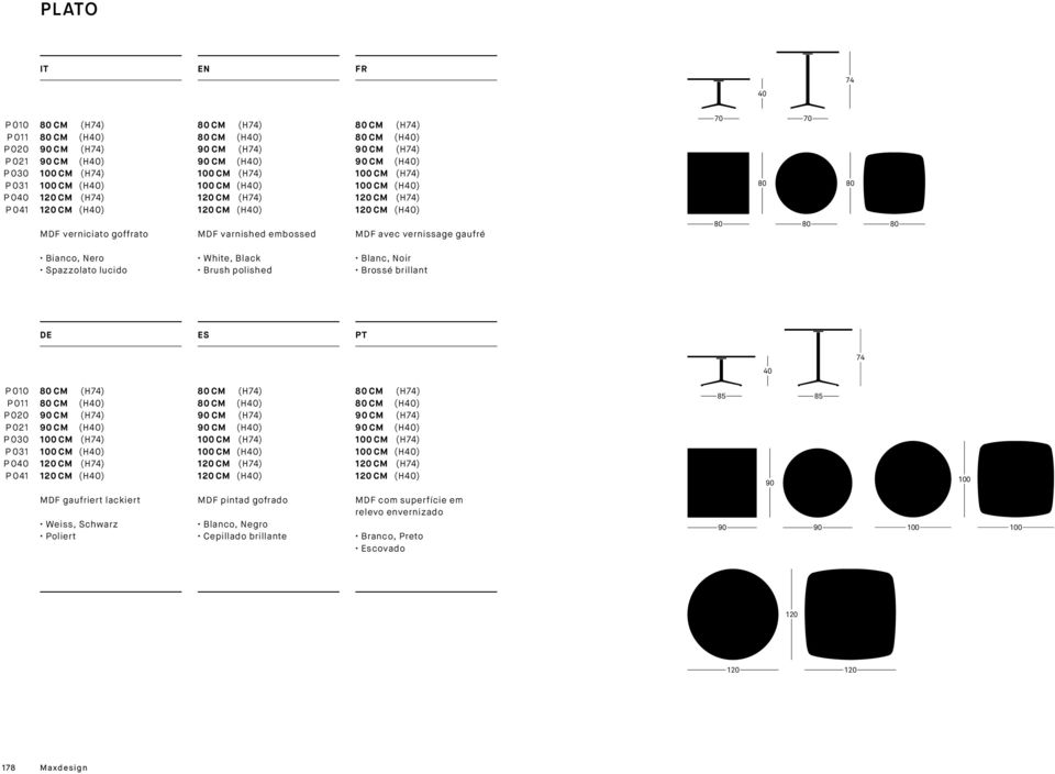 PT 40 P 010 P 011 P 020 P 021 P 030 P 031 P 040 P 041 85 85 90 100 MDF gaufriert lackiert Weiss, Schwarz Poliert MDF pintad