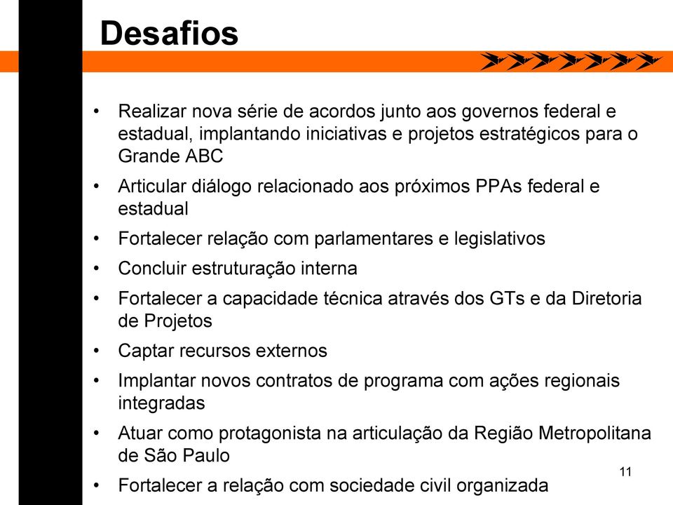 Fortalecer a capacidade técnica através dos GTs e da Diretoria de Projetos Captar recursos externos Implantar novos contratos de programa com ações