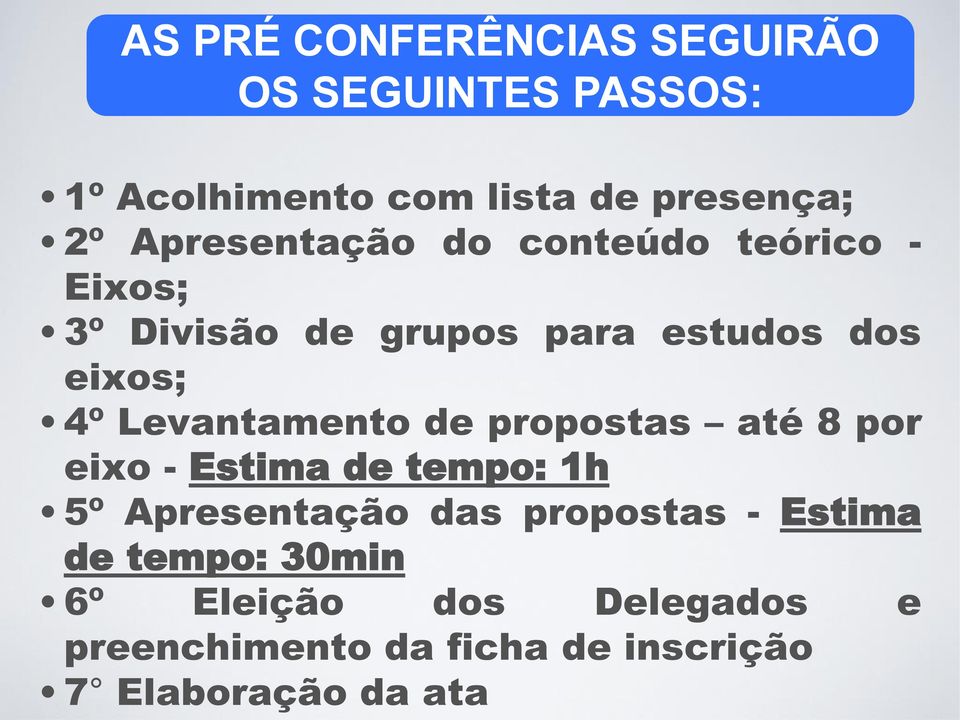 Levantamento de propostas até 8 por eixo - Estima de tempo: 1h 5º Apresentação das propostas -