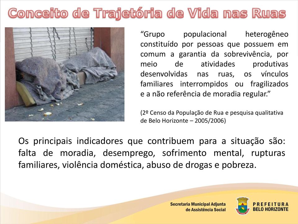 (2º Censo da População de Rua e pesquisa qualitativa de Belo Horizonte 2005/2006) Os principais indicadores que contribuem para