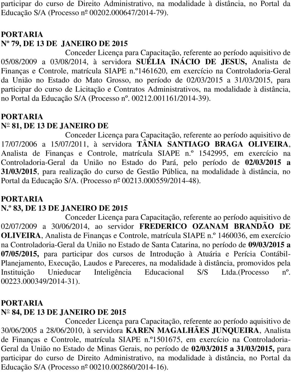 º1461620, em exercício na Controladoria-Geral da União no Estado do Mato Grosso, no período de 02/03/2015 a 31/03/2015, para participar do curso de Licitação e Contratos Administrativos, na