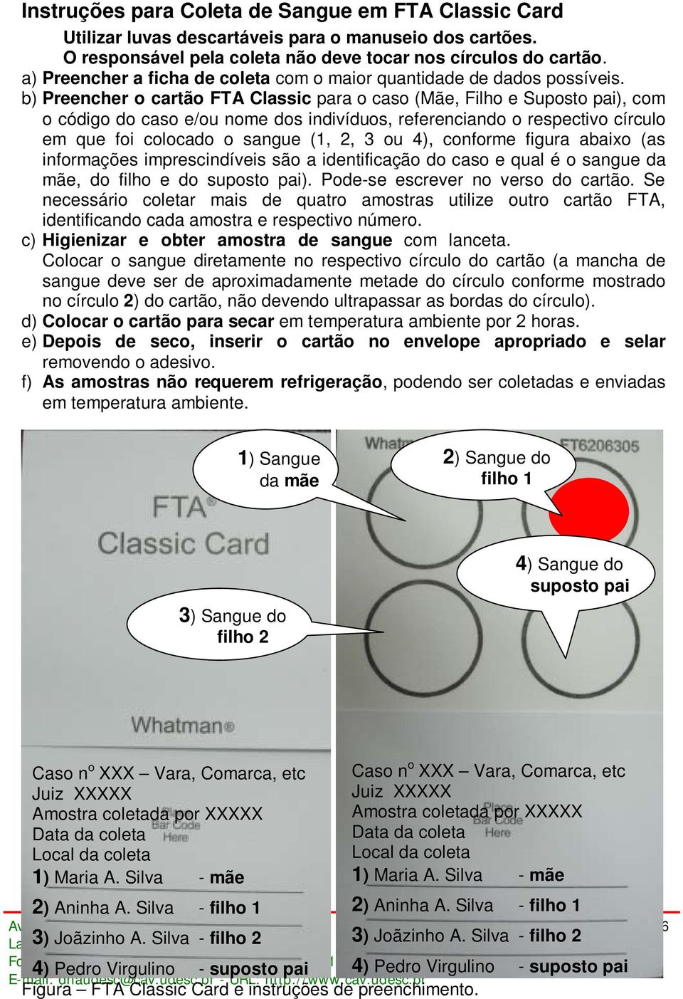 b) Preencher o cartão FTA Classic para o caso (Mãe, Filho e Suposto pai), com o código do caso e/ou nome dos indivíduos, referenciando o respectivo círculo em que foi colocado o sangue (1, 2, 3 ou