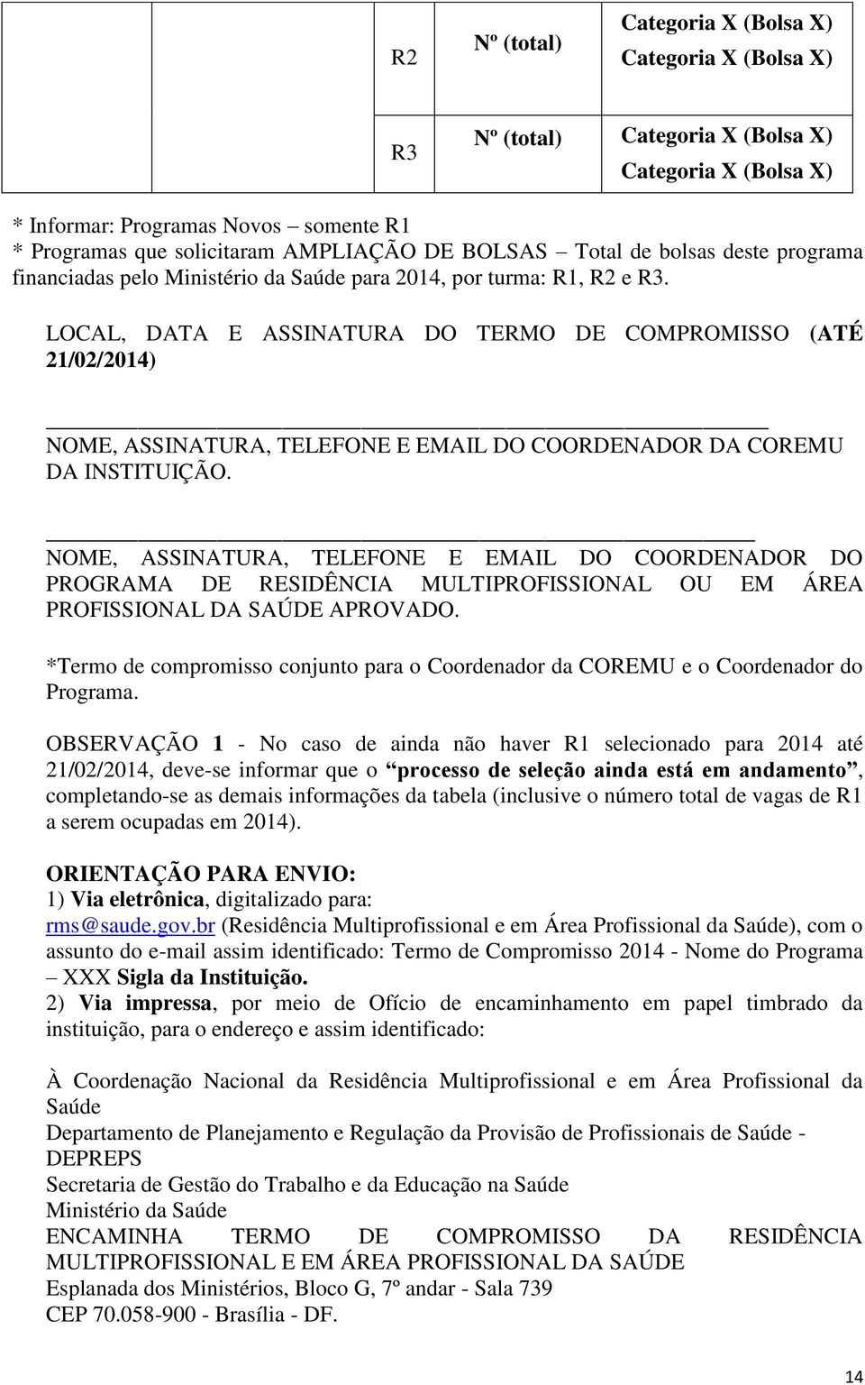 LOCAL, DATA E ASSINATURA DO TERMO DE COMPROMISSO (ATÉ 21/02/2014) NOME, ASSINATURA, TELEFONE E EMAIL DO COORDENADOR DA COREMU DA INSTITUIÇÃO.