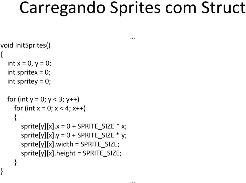 < 4; x++) { sprite[y][x].x = 0 + SPRITE_SIZE * x; sprite[y][x].