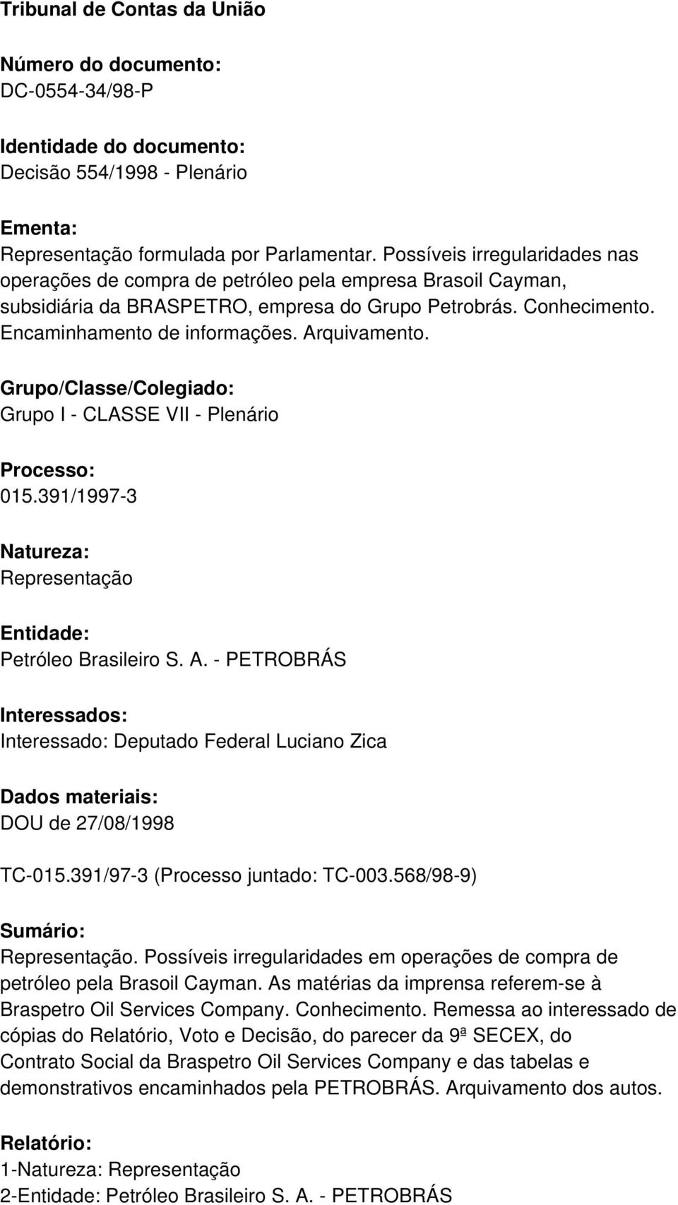 Arquivamento. Grupo/Classe/Colegiado: Grupo I - CLASSE VII - Plenário Processo: 015.391/1997-3 Natureza: Representação Entidade: Petróleo Brasileiro S. A.