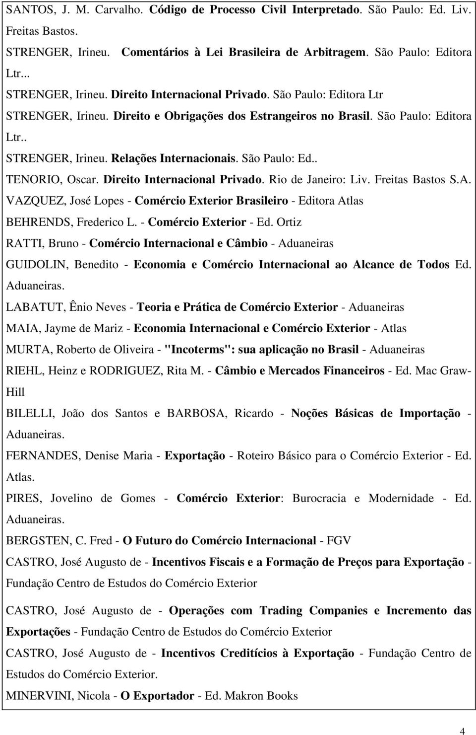 São Paulo: Ed.. TENORIO, Oscar. Direito Internacional Privado. Rio de Janeiro: Liv. Freitas Bastos S.A. VAZQUEZ, José Lopes - Comércio Exterior Brasileiro - Editora Atlas BEHRENDS, Frederico L.