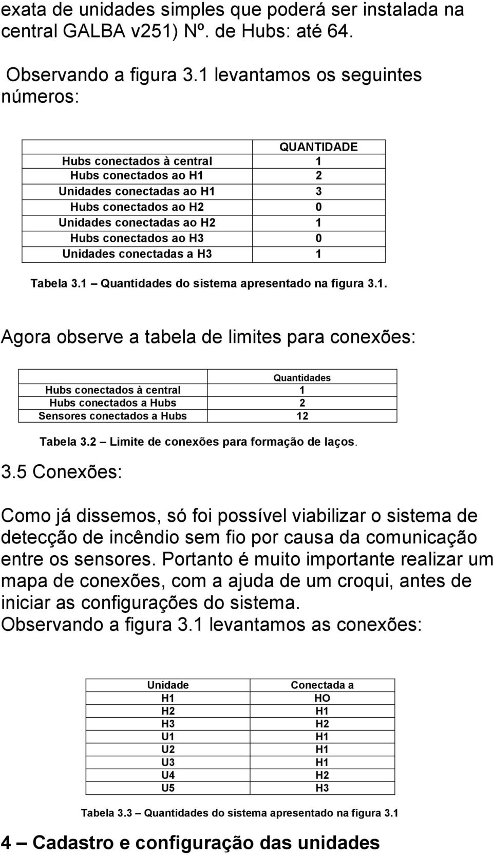 0 Unidades conectadas a H3 1 Tabela 3.1 Quantidades do sistema apresentado na figura 3.1. Agora observe a tabela de limites para conexões: Quantidades Hubs conectados à central 1 Hubs conectados a Hubs 2 Sensores conectados a Hubs 12 Tabela 3.