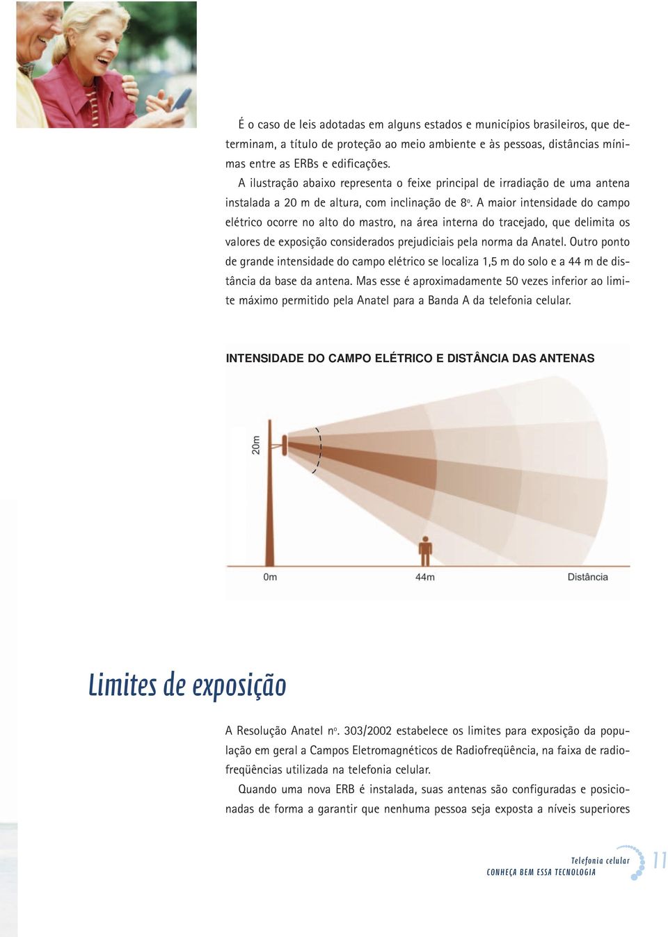 A maior intensidade do campo elétrico ocorre no alto do mastro, na área interna do tracejado, que delimita os valores de exposição considerados prejudiciais pela norma da Anatel.