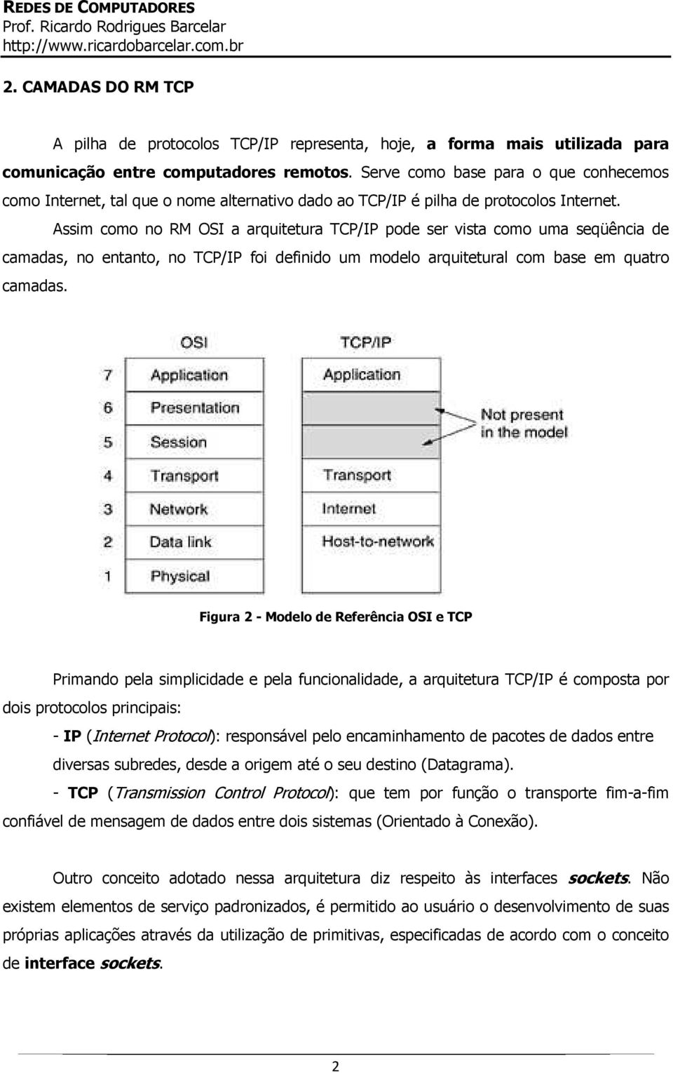 Assim como no RM OSI a arquitetura TCP/IP pode ser vista como uma seqüência de camadas, no entanto, no TCP/IP foi definido um modelo arquitetural com base em quatro camadas.