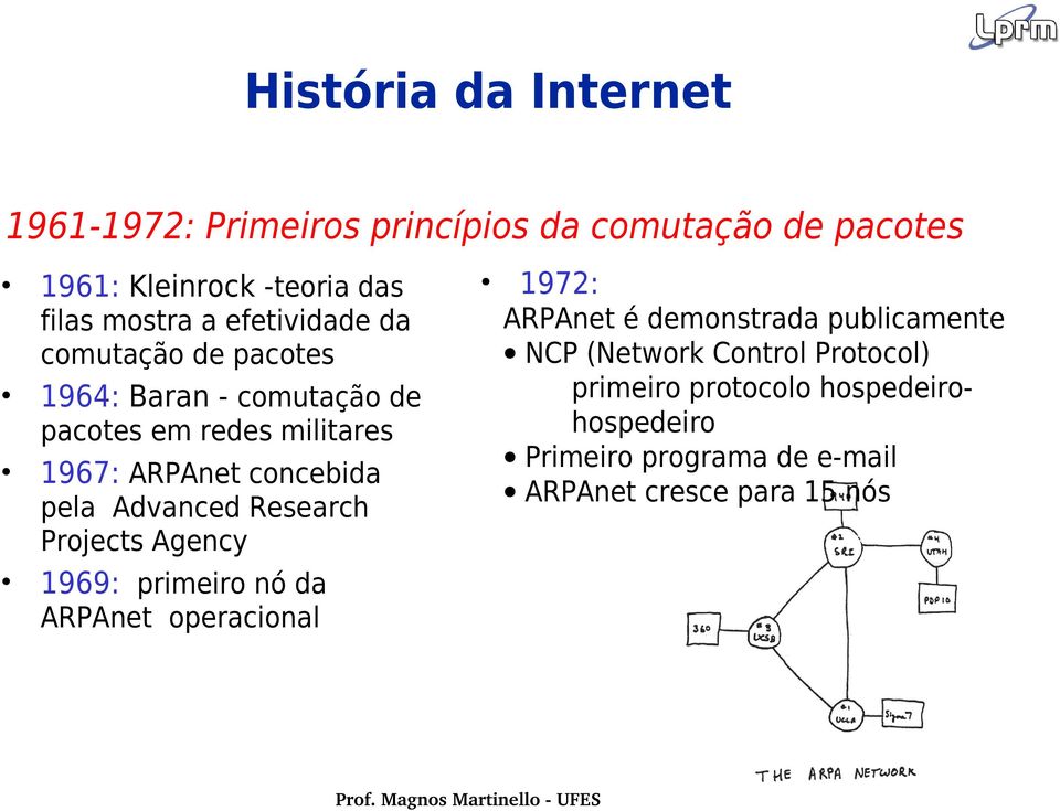 Advanced Research Projects Agency 1969: primeiro nó da ARPAnet operacional 1972: ARPAnet é demonstrada publicamente NCP