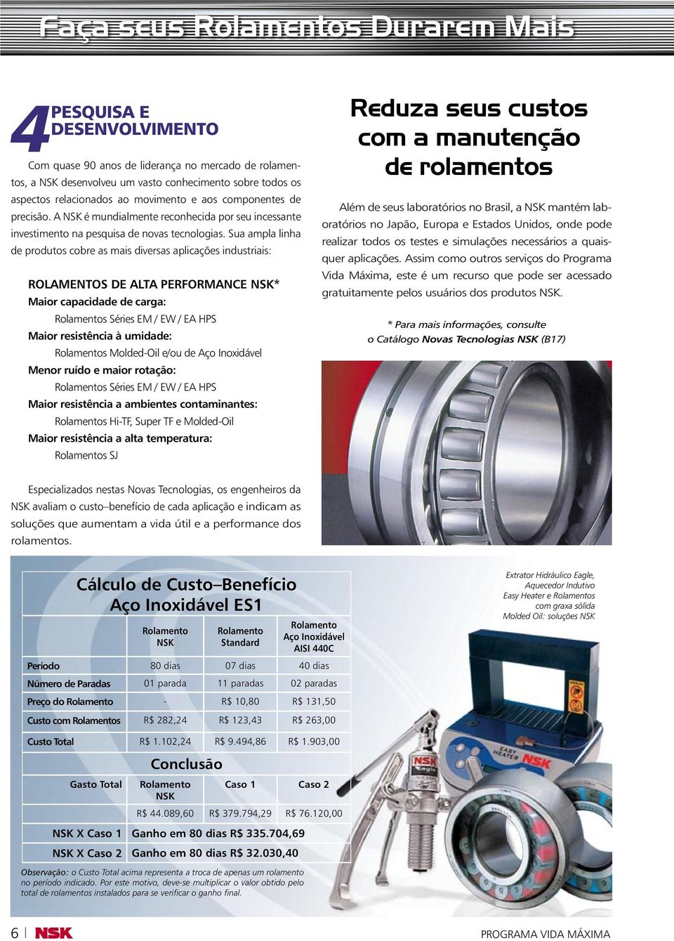 Sua ampla linha de produtos cobre as mais diversas aplicações industriais: ROLAMENTOS DE ALTA PERFORMANCE NSK* Maior capacidade de carga: Rolamentos Séries EM / EW / EA HPS Maior resistência à