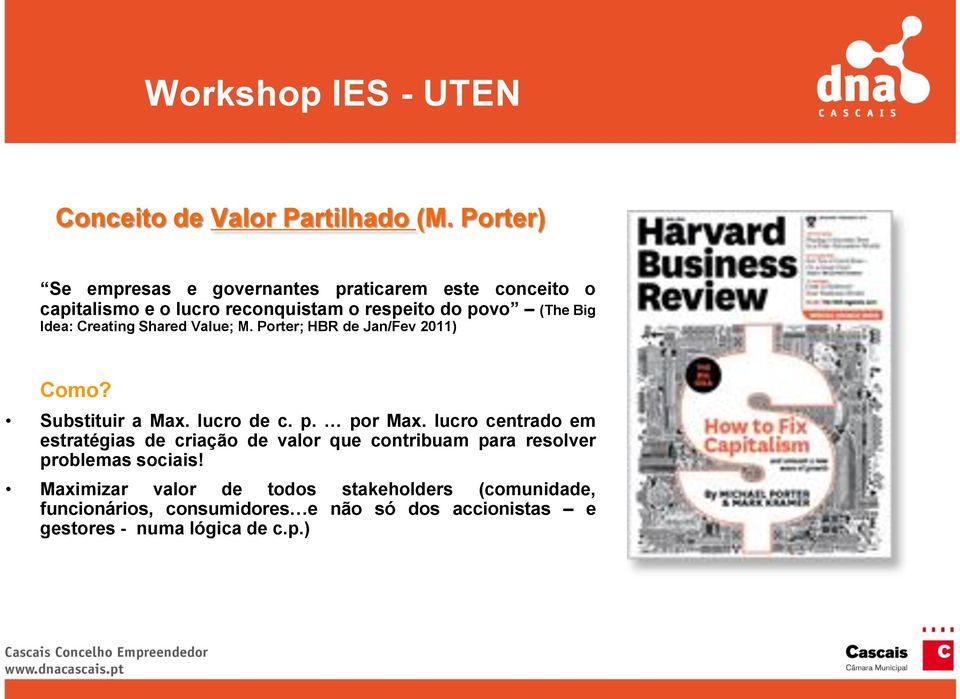 Creating Shared Value; M. Porter; HBR de Jan/Fev 2011) Como? Substituir a Max. lucro de c. p. por Max.