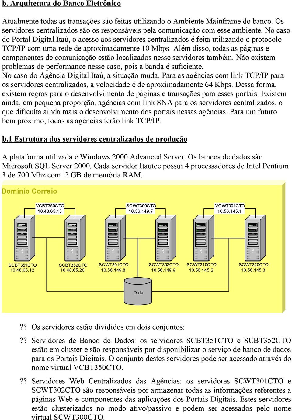 Itaú, o acesso aos servidores centralizados é feita utilizando o protocolo TCP/IP com uma rede de aproximadamente 10 Mbps.