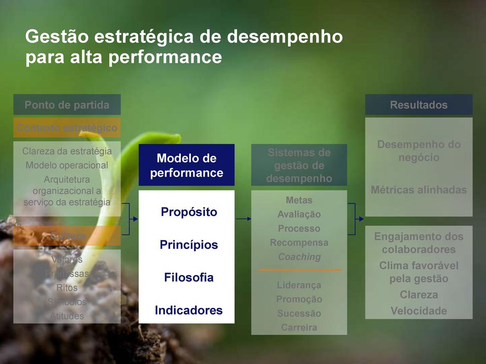 negócio Métricas alinhadas Cultura Valores Premissas Ritos Símbolos Atitudes Princípios Filosofia Indicadores Processo Recompensa Coaching