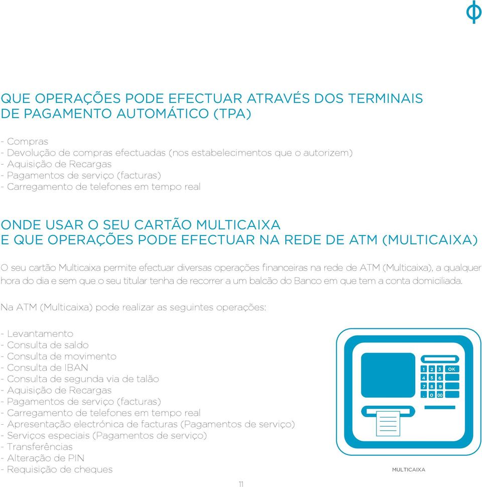 diversas operações financeiras na rede de ATM (Multicaixa), a qualquer hora do dia e sem que o seu titular tenha de recorrer a um balcão do Banco em que tem a conta domiciliada.