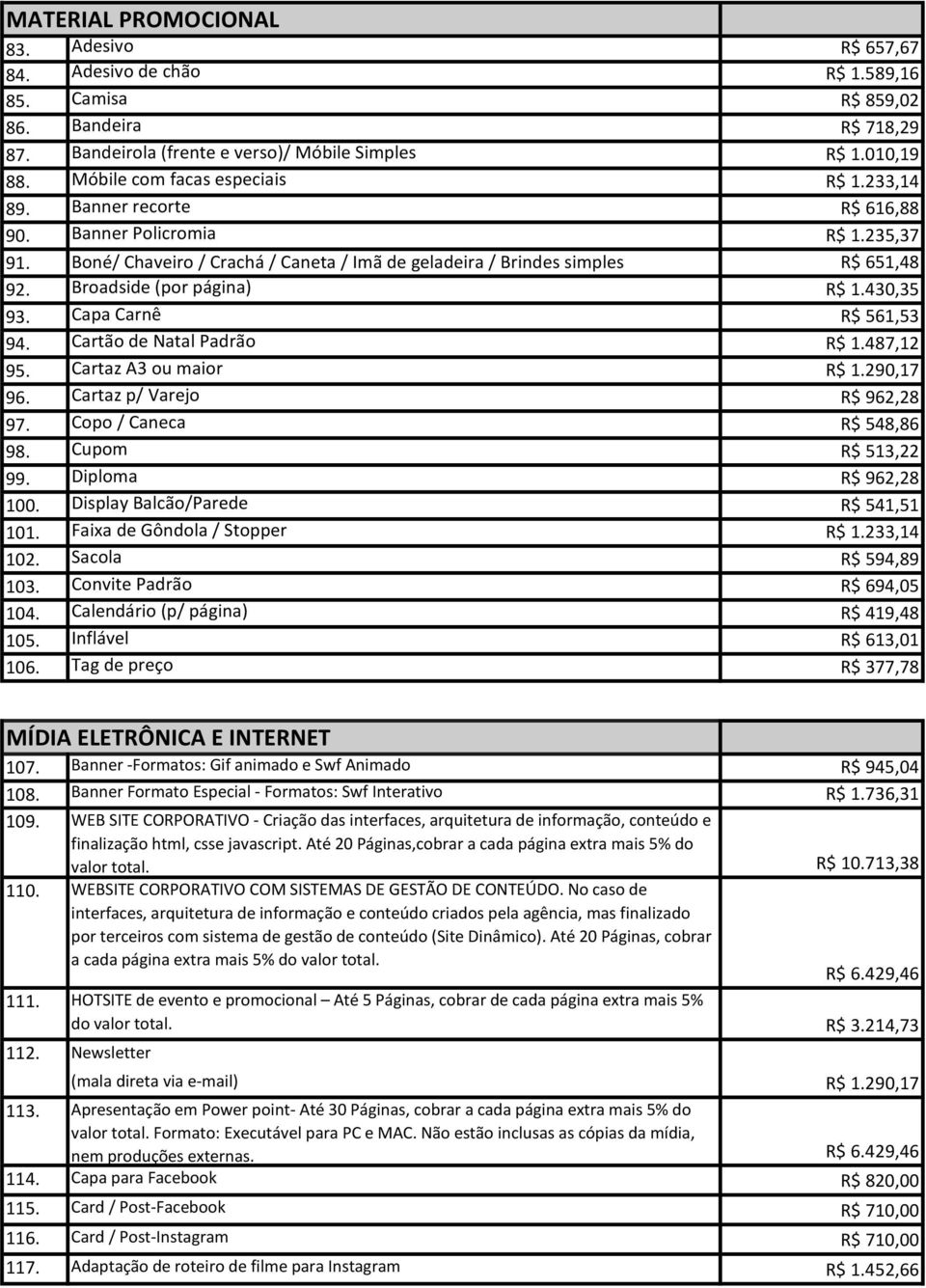 Broadside (por página) R$ 1.430,35 93. Capa Carnê R$ 561,53 94. Cartão de Natal Padrão R$ 1.487,12 95. Cartaz A3 ou maior R$ 1.290,17 96. Cartaz p/ Varejo R$ 962,28 97. Copo / Caneca R$ 548,86 98.