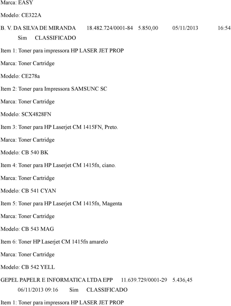 SCX4828FN Item 3: Toner para HP Laserjet CM 1415FN, Preto. Marca: Toner Cartridge Modelo: CB 540 BK Item 4: Toner para HP Laserjet CM 1415fn, ciano.