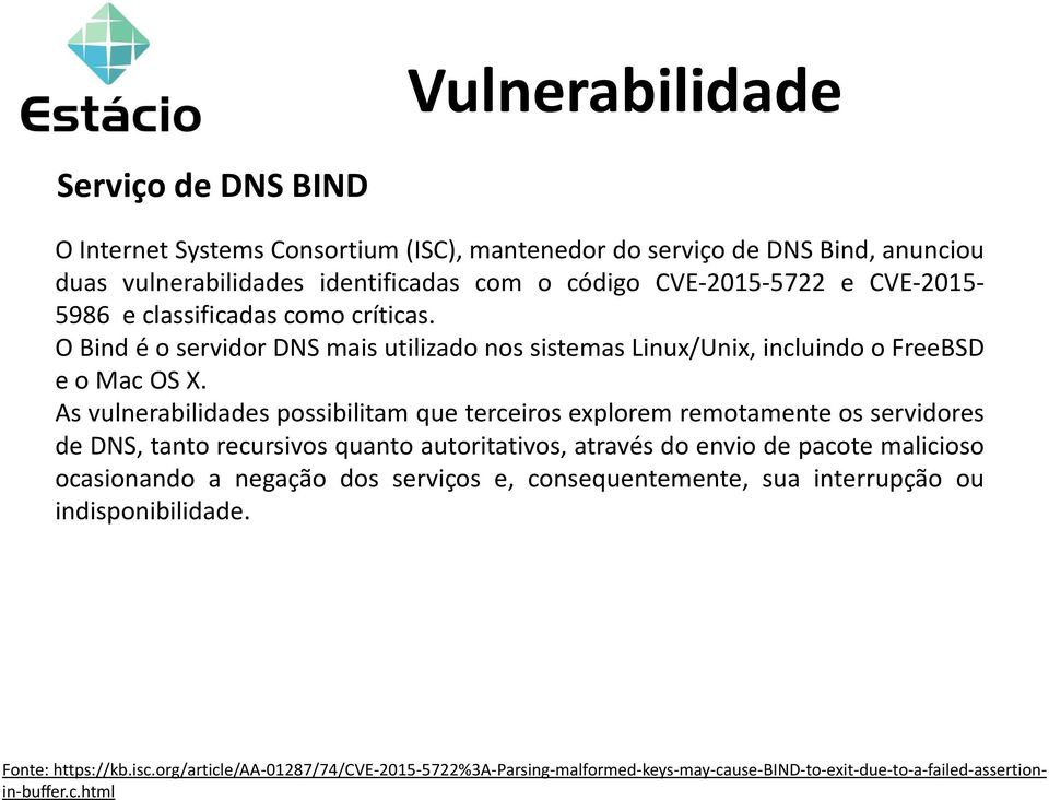 As vulnerabilidades possibilitam que terceiros explorem remotamente os servidores de DNS, tanto recursivos quanto autoritativos, através do envio de pacote malicioso ocasionando a