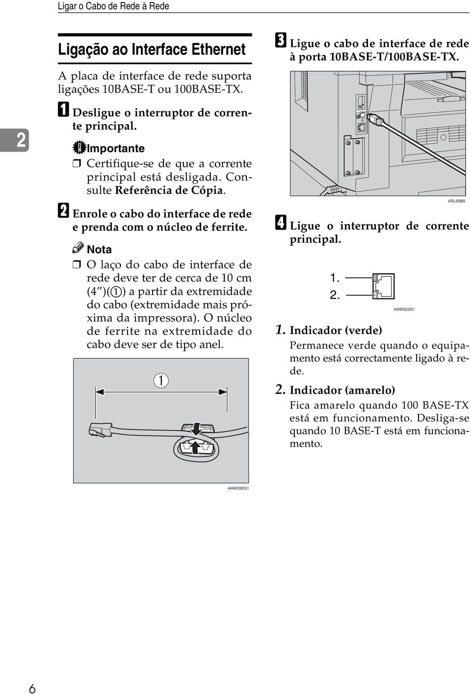 O laço do cabo de interface de rede deve ter de cerca de 10 cm (4 )(A) a partir da extremidade do cabo (extremidade mais próxima da impressora).