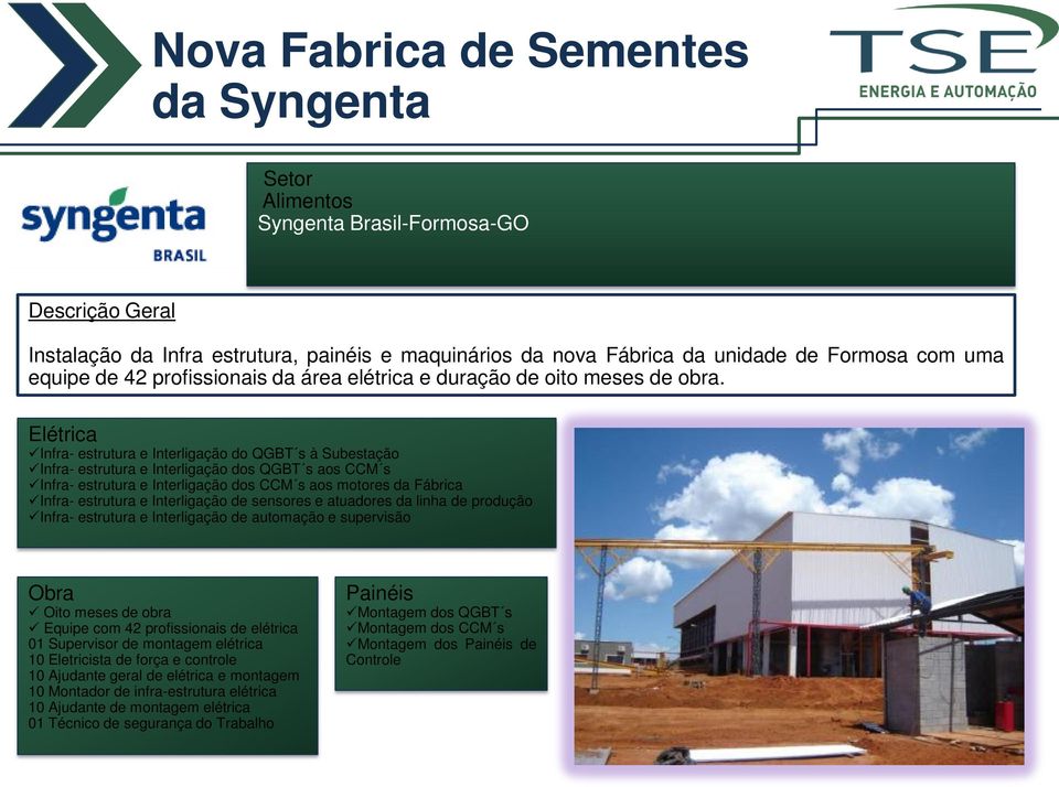 Elétrica Infra- estrutura e Interligação do QGBT s à Subestação Infra- estrutura e Interligação dos QGBT s aos CCM s Infra- estrutura e Interligação dos CCM s aos motores da Fábrica Infra- estrutura