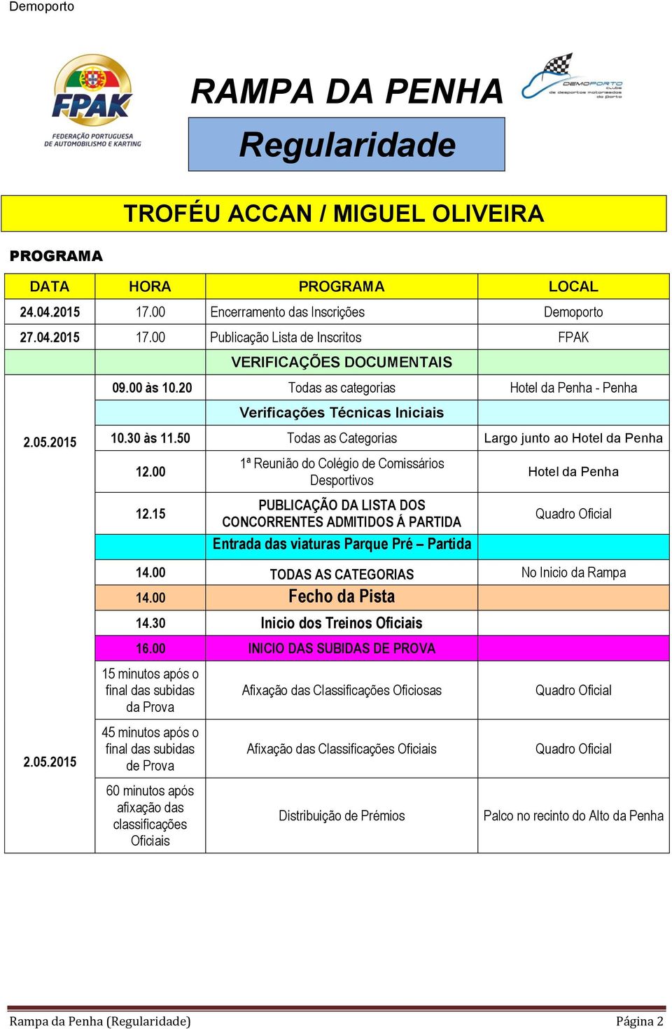 00 1ª Reunião do Colégio de Comissários Desportivos Hotel da Penha 12.15 PUBLICAÇÃO DA LISTA DOS CONCORRENTES ADMITIDOS Á PARTIDA Entrada das viaturas Parque Pré Partida Quadro Oficial 14.