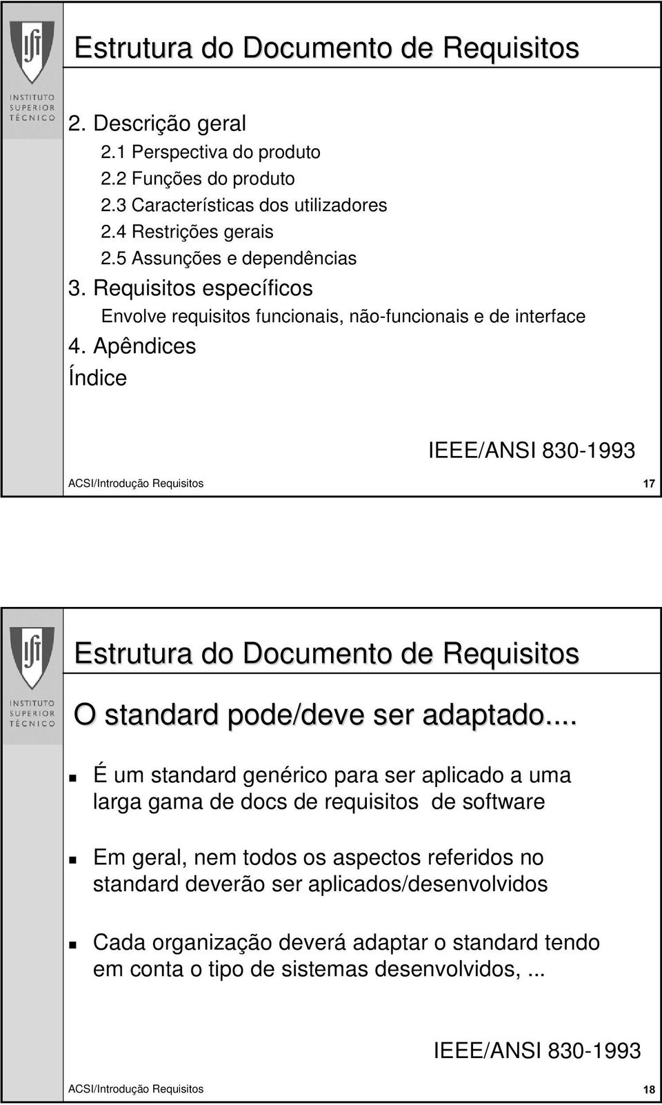 Apêndices Índice IEEE/ANSI 830-1993 Estrutura do Documento de Requisitos O standard pode/deve ser adaptado.