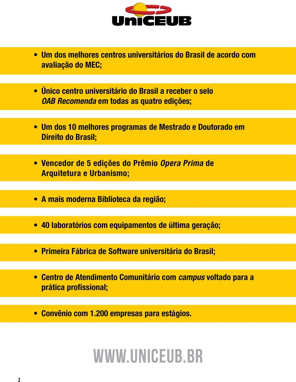 Arquitetura e Urbanismo; A mais moderna Biblioteca da região; 40 laboratórios com equipamentos de última geração; Primeira Fábrica de Software