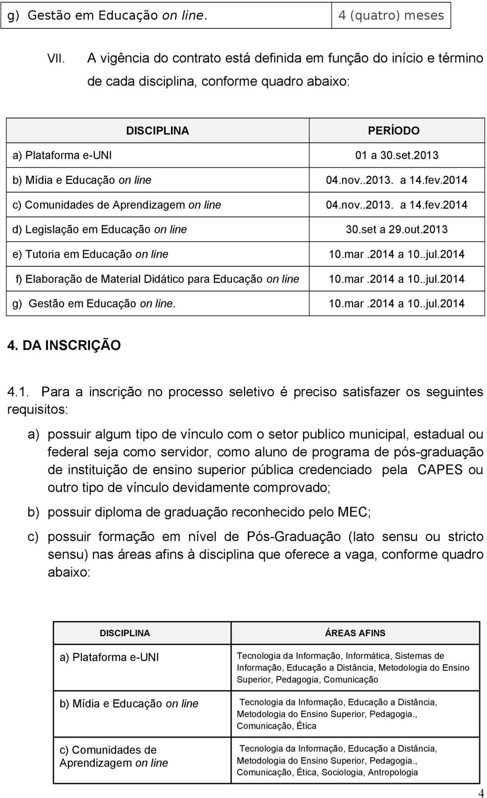 nov..2013. a 14.fev.2014 c) Comunidades de Aprendizagem on line 04.nov..2013. a 14.fev.2014 d) Legislação em Educação on line 30.set a 29.out.2013 e) Tutoria em Educação on line 10.mar.2014 a 10..jul.