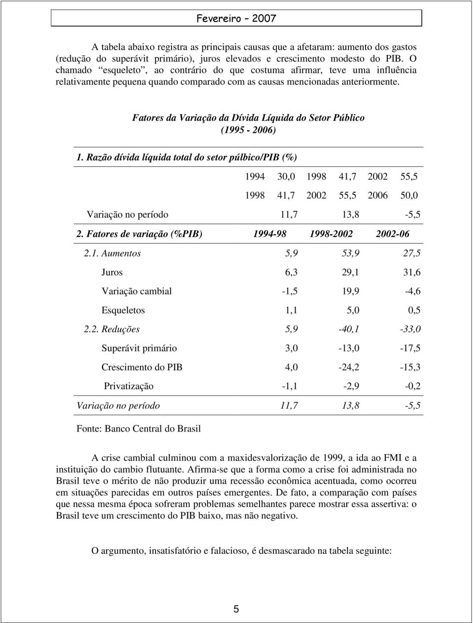 Fatores da Variação da Dívida Líquida do Setor Público (1995-2006) 1.