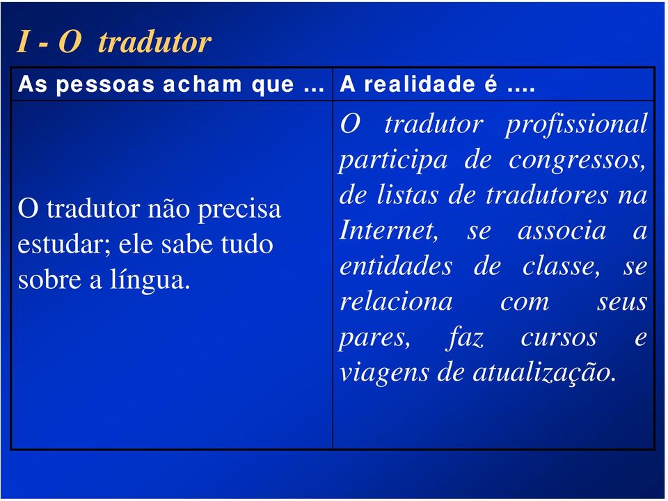 O tradutor profissional participa de congressos, de listas de