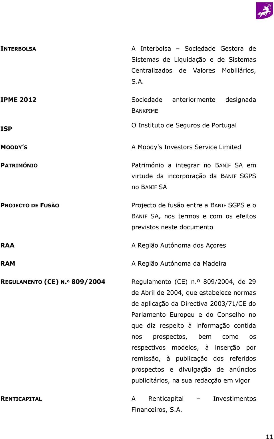 Portugal MOODY S A Moody s Investors Service Limited PATRIMÓNIO Património a integrar no BANIF SA em virtude da incorporação da BANIF SGPS no BANIF SA PROJECTO DE FUSÃO Projecto de fusão entre a