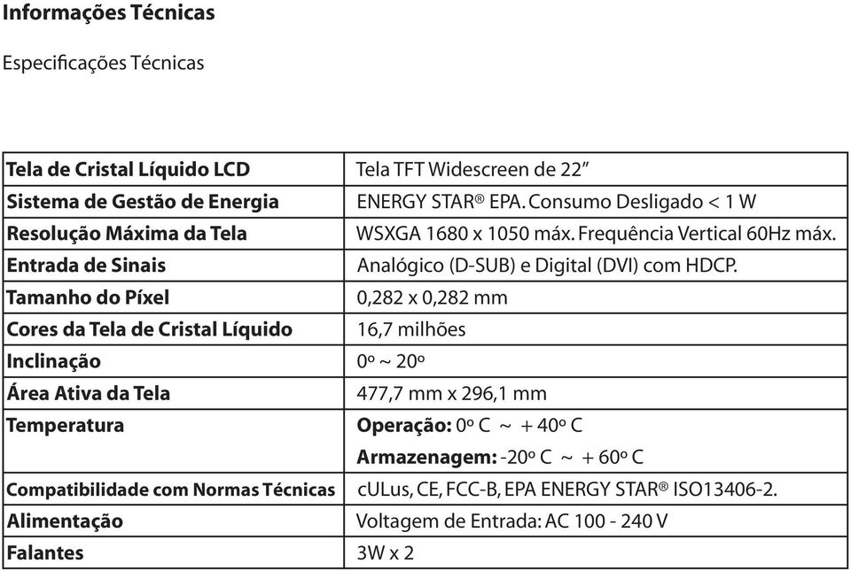 Tamanho do Píxel 0,282 x 0,282 mm Cores da Tela de Cristal Líquido 16,7 milhões Inclinação 0º ~ 20º Área Ativa da Tela 477,7 mm x 296,1 mm Temperatura Operação: 0º