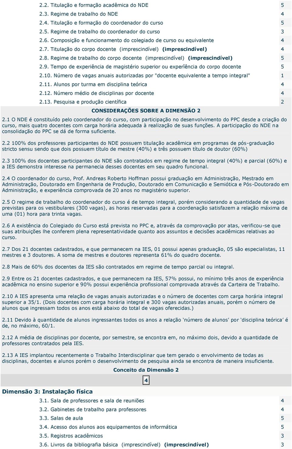 Regime de trabalho do corpo docente (imprescindível) (imprescindível) 5 2.9. Tempo de experiência de magistério superior ou experîência do corpo docente 5 2.10.