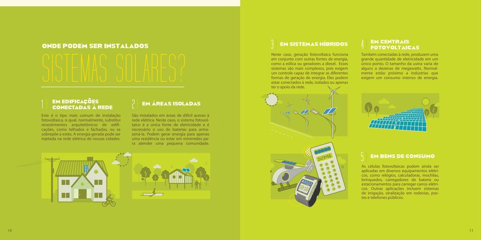 EM CENTRAIS FOTOVOLTAICAS Também conectadas à rede, produzem uma grande quantidade de eletricidade em um único ponto. O tamanho da usina varia de alguns a dezenas de megawatts.