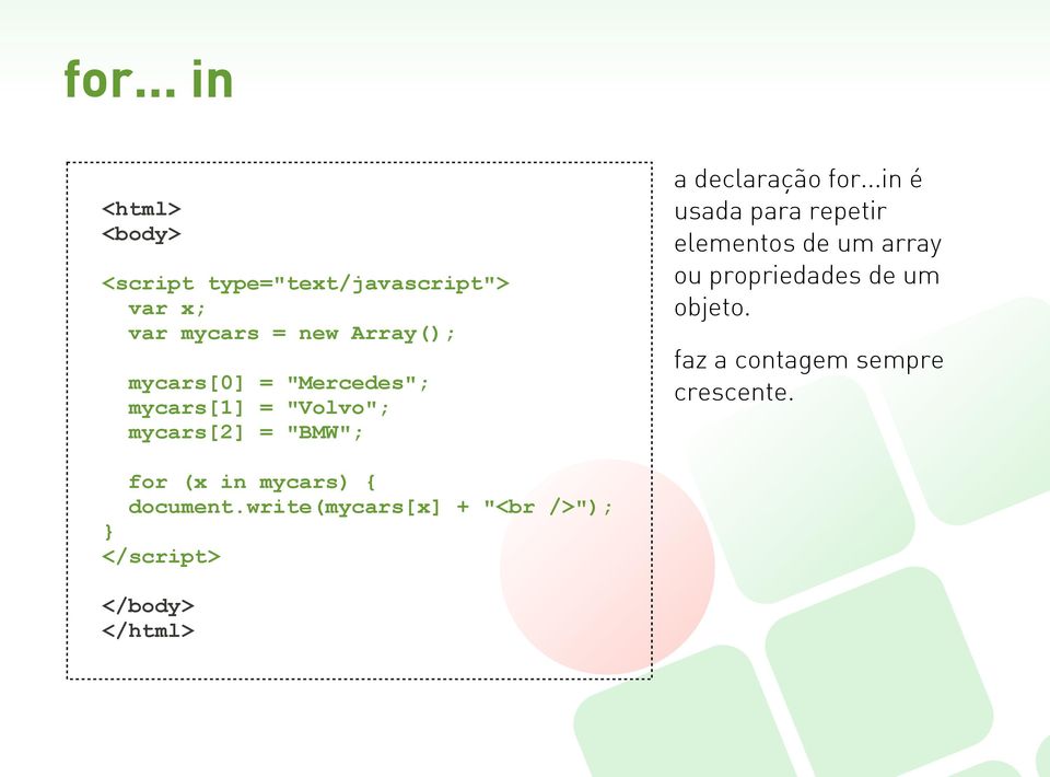 ..in é usada para repetir elementos de um array ou propriedades de um objeto.