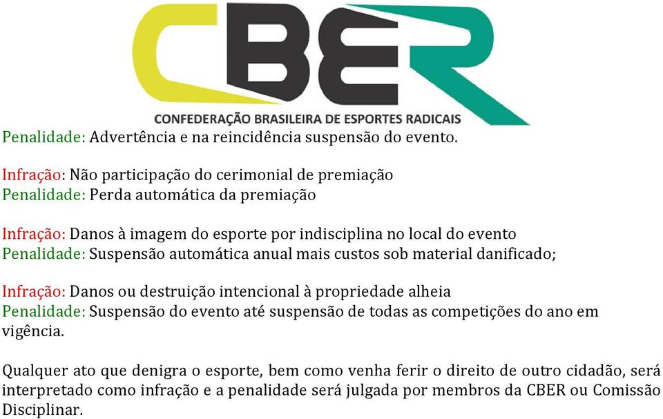 evento Penalidade: Suspensão automática anual mais custos sob material danificado; Infração: Danos ou destruição intencional à propriedade alheia Penalidade: