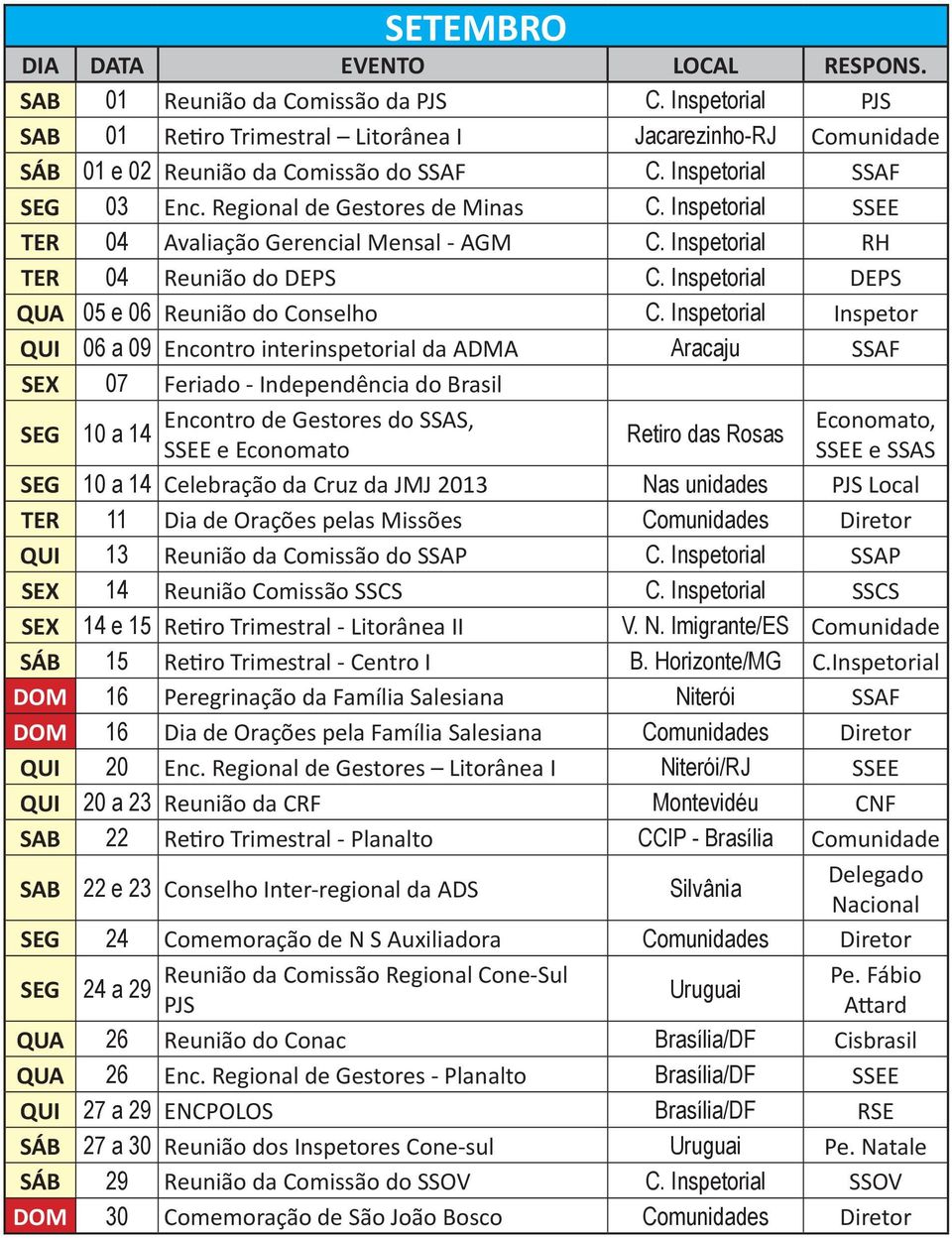 Inspetorial Inspetor QUI 06 a 09 Encontro interinspetorial da ADMA Aracaju SSAF SEX 07 Feriado - Independência do Brasil SEG 10 a 14 Encontro de Gestores do SSAS, SSEE e Economato Retiro das Rosas