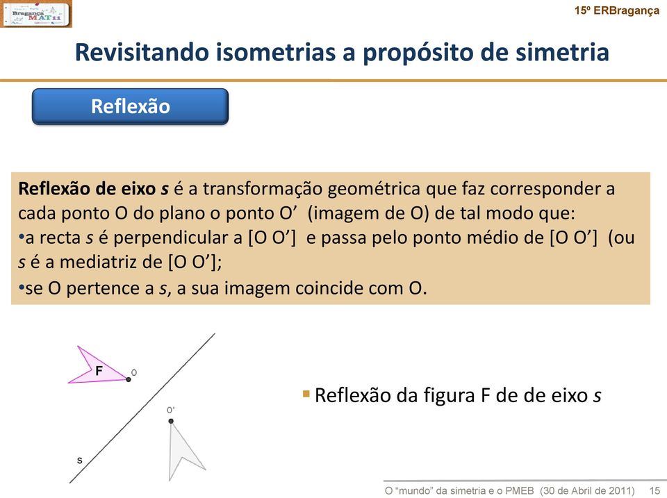 a *O O + e passa pelo ponto médio de *O O + (ou s é a mediatriz de *O O +; se O pertence a s, a sua imagem