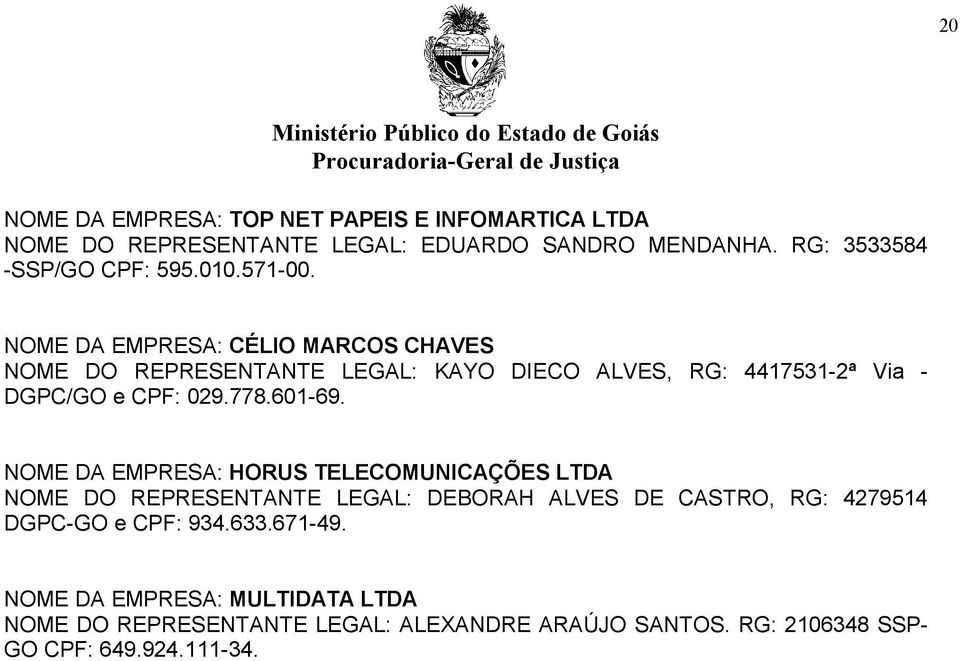 NOME DA EMPRESA: CÉLIO MARCOS CHAVES NOME DO REPRESENTANTE LEGAL: KAYO DIECO ALVES, RG: 4417531-2ª Via - DGPC/GO e CPF: 029.778.601-69.