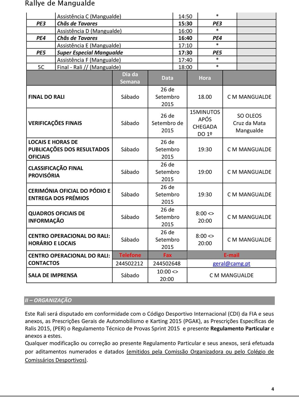 00 C M MANGUALDE VERIFICAÇÕES FINAIS LOCAIS E HORAS DE PUBLICAÇÕES DOS RESULTADOS OFICIAIS CLASSIFICAÇÃO FINAL PROVISÓRIA CERIMÓNIA OFICIAL DO PÓDIO E ENTREGA DOS PRÉMIOS QUADROS OFICIAIS DE