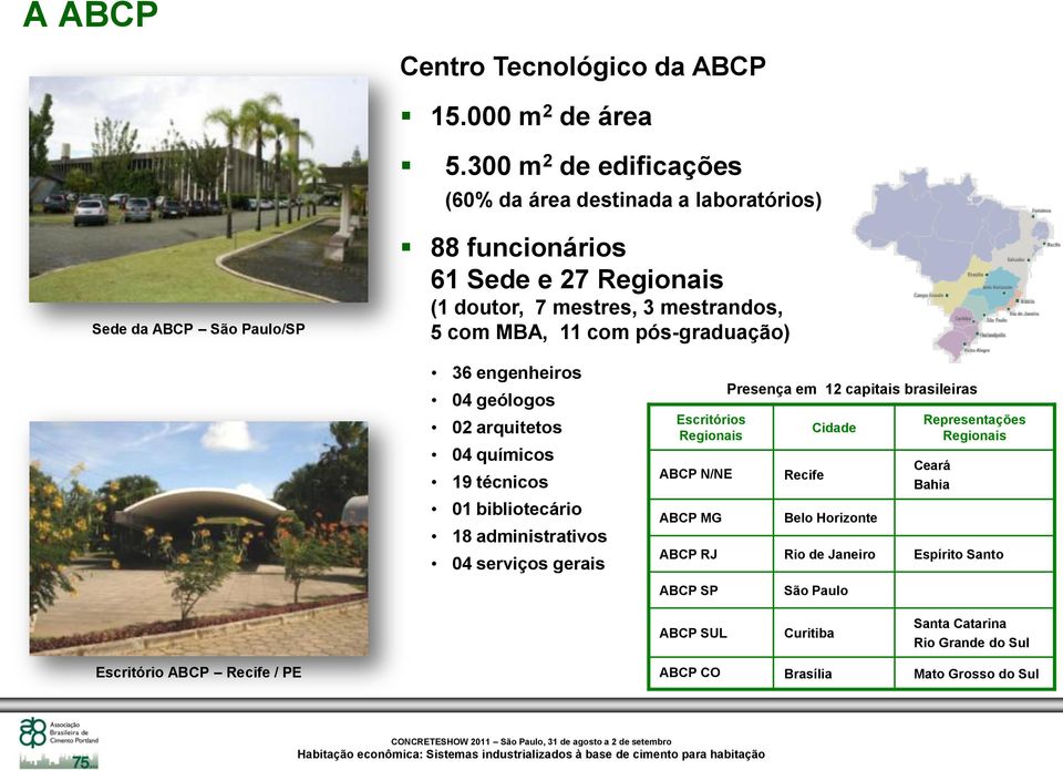 MBA, 11 com pós-graduação) 36 engenheiros 04 geólogos 02 arquitetos 04 químicos 19 técnicos 01 bibliotecário 18 administrativos 04 serviços gerais Escritórios Regionais