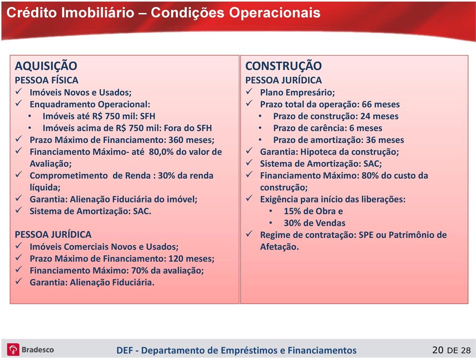 SAC. PESSOA JURÍDICA Imóveis Comerciais Novos e Usados; Prazo Máximo de Financiamento: 120 meses; Financiamento Máximo: 70% da avaliação; Garantia: Alienação Fiduciária.