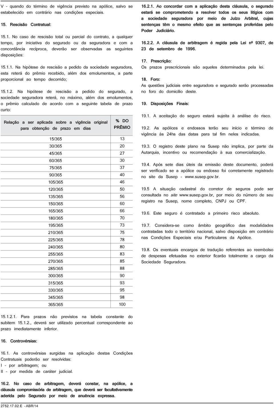 .1. No caso de rescisão total ou parcial do contrato, a qualquer tempo, por iniciativa do segurado ou da seguradora e com a concordância recíproca, deverão ser observadas as seguintes disposições: 15.